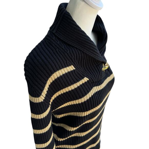 Ralph Lauren Black Label Knit Sweater Cowl Neck with Gold Metallic Clasp Stripes - Picture 5 of 10